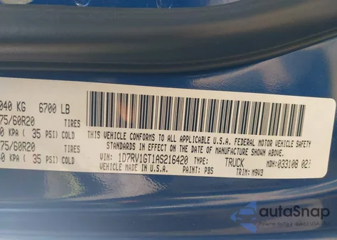 2010 Dodge Ram 1500 Slt/Sport/Trx из США, поврежденный, VIN 1D7RV1GT1AS216420